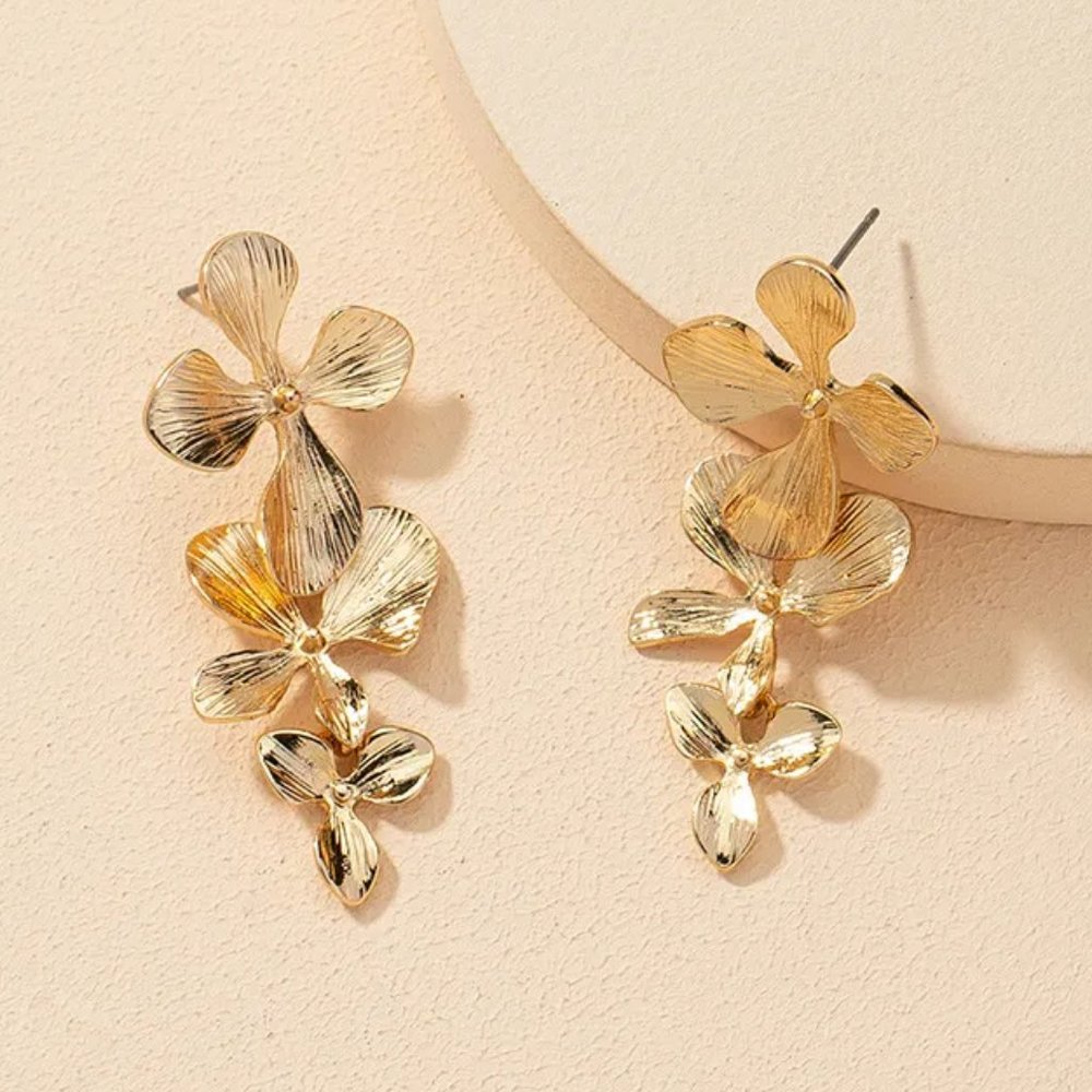 Gold Three Tier Gilded Floral Flower Drop Earrings NEW